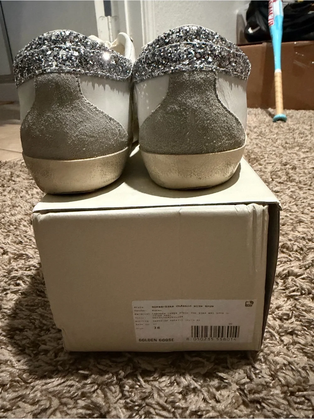 Golden Goose White Leather Sneakers with Gray Star and Silver Glitter Heel - Picture 5 of 5